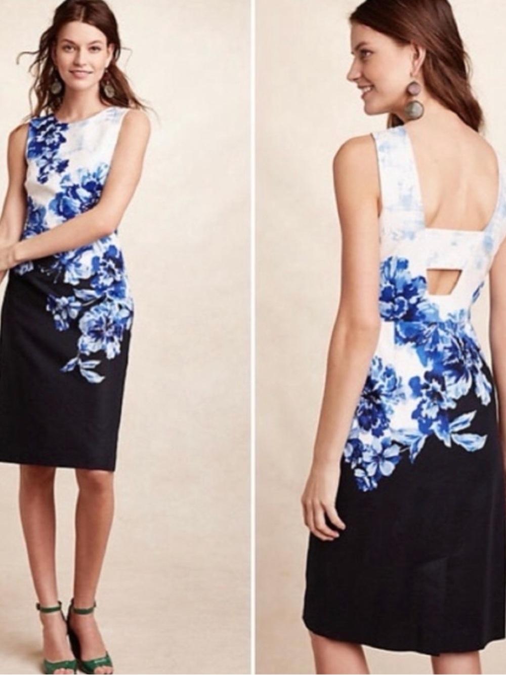 Anthropologie Blue and Black Floral Midi Dress